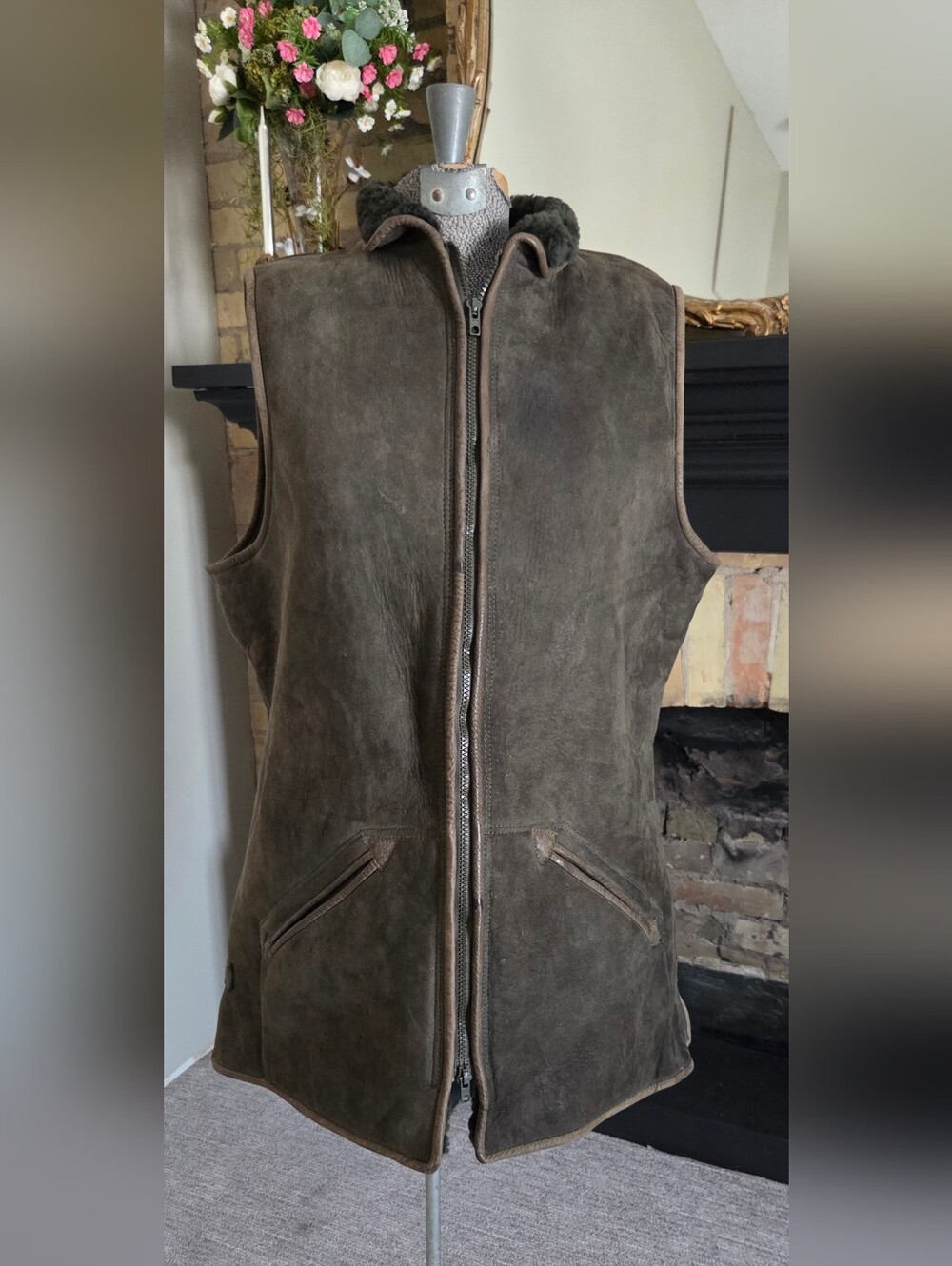 Vintage Skotex Sheep Shearling Suede Zip Front Vest in Olive Brown